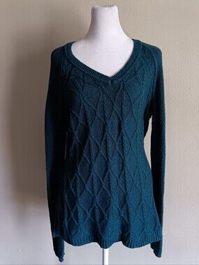Preppy Academia V-Neck Cable Knit Sweater In Teal, Sonoma Size Medium, Fall